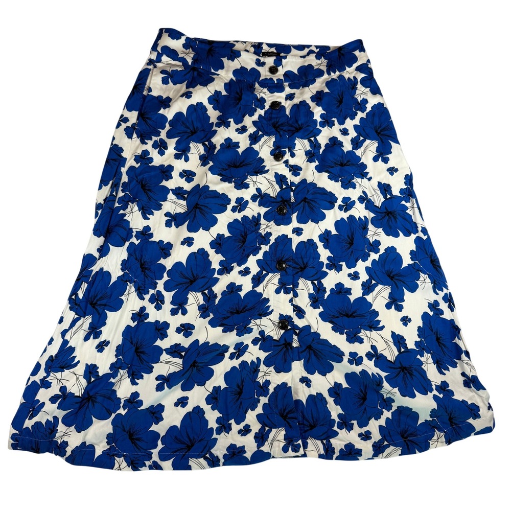 Ann Taylor Factory Blue White Floral Midi Skirt Size 14 Button Front Pockets